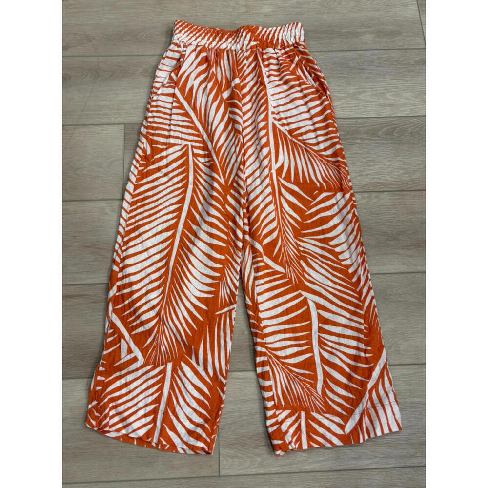 Panama Jack Linen Blend Pants Womens XS Wide Leg Tropical Beach Orange Palm